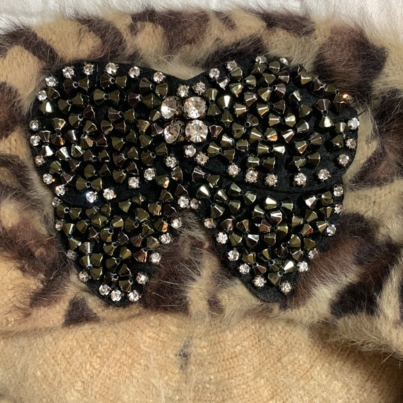 VTG BETSEY JOHNSON Women’s Leopard Print Fur Hat Rhinestone Bow Cream Brown - Picture 6 of 11